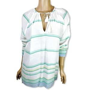 Soft Joie Blouse Top White w Blue/Green Stripes 3/4 Sleeve 100% Cotton Size S